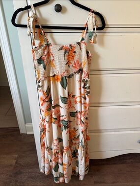 blue island Floral Smocked Tiered Swim Coverup in Cream, Orange & Green